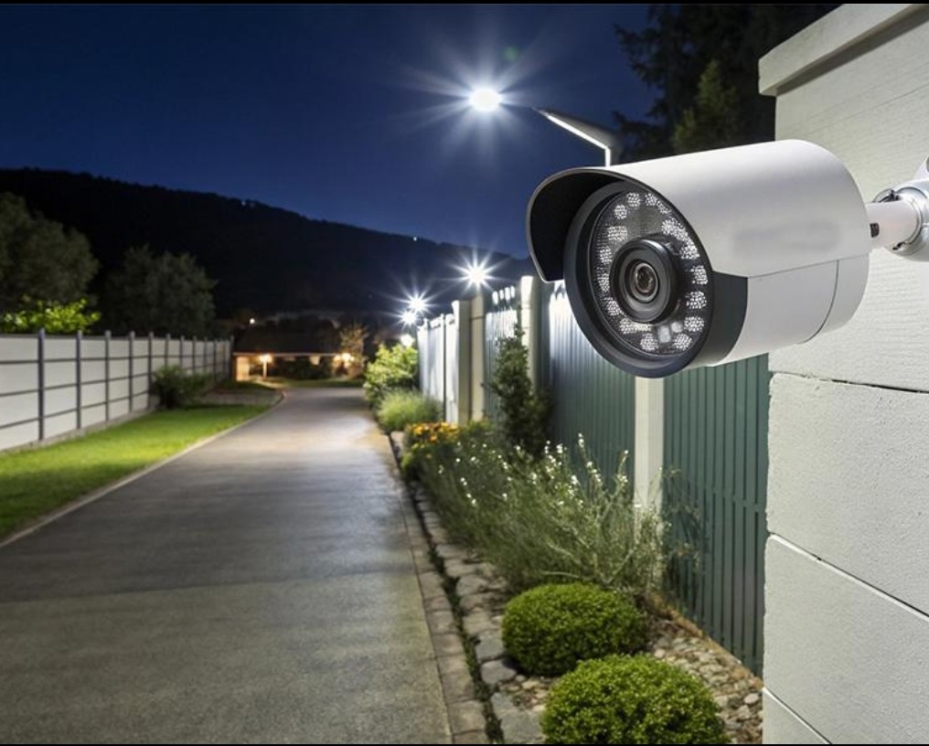 دوربین نصب&zwnj;شده روی دیوار باغ همراه با پروژکتور LED]